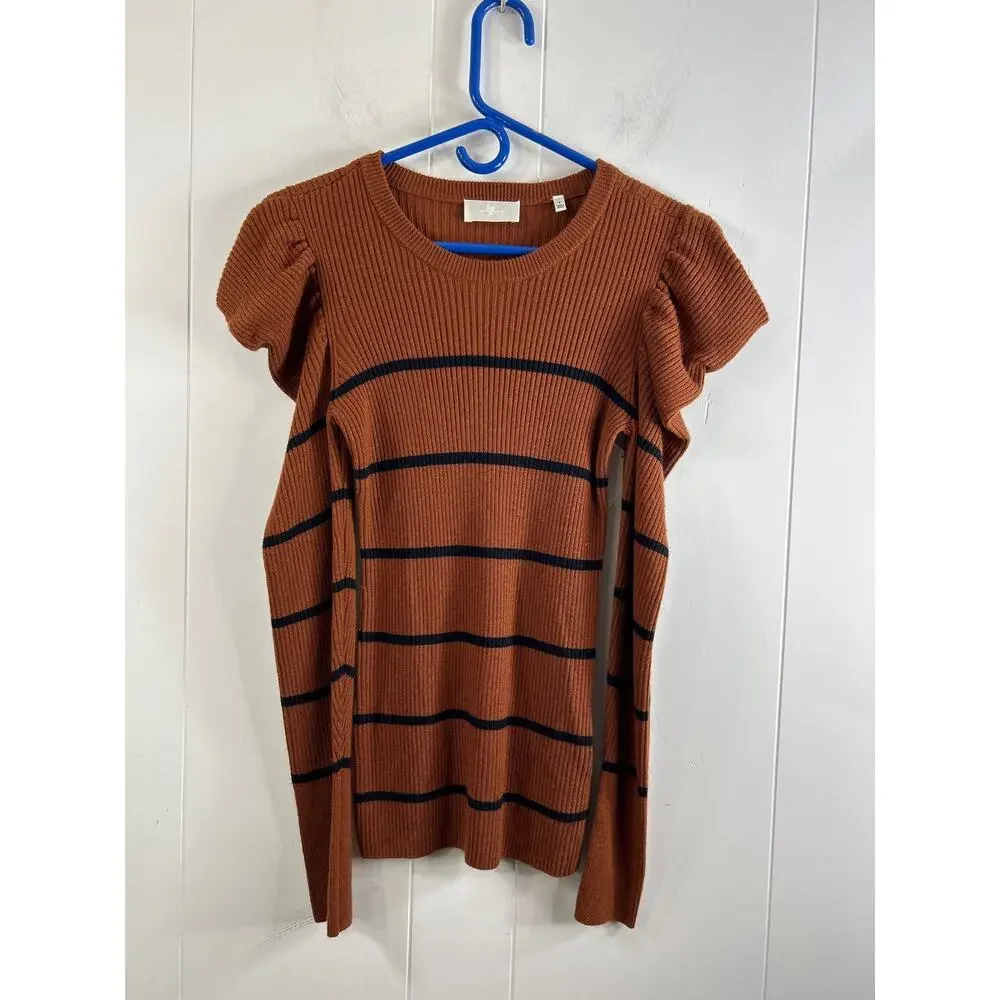 7 for All Mankind Brown Striped Cashmere Blend Puff Shoulder Crew Neck Sweater - Picture 5 of 9